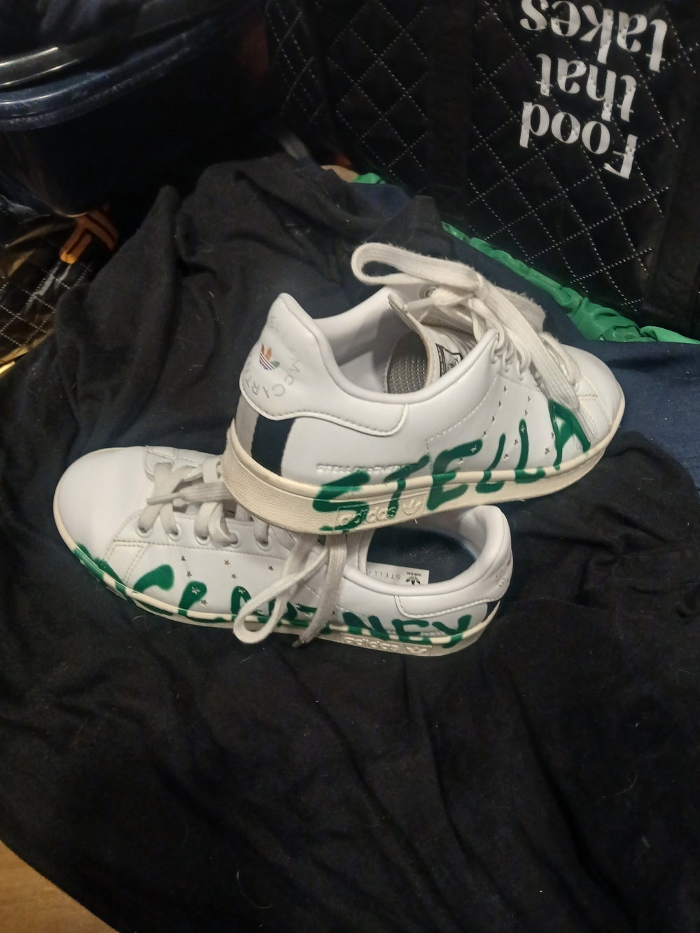 Adidas by Stella McCartney White Sneakers with Green Graphic Script